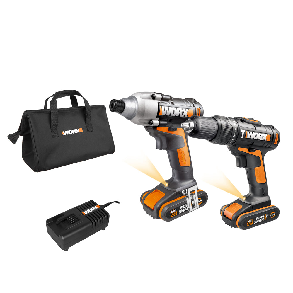 Worx 20V 2x1.5Ah Cordless Twinpack Combi Drill Impact Driver Kit | WX938