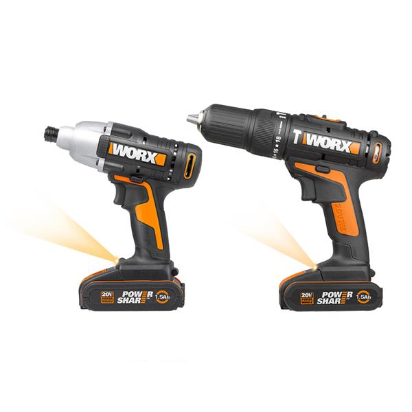 Worx 20V 2x1.5Ah Cordless Twinpack Combi Drill Impact Driver Kit | WX938