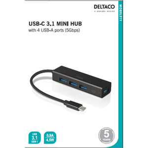 Deltaco USB C Mini Hub Adaptor With 4 USB A Ports | USBCHUB12