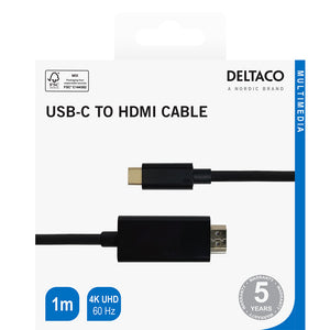 Deltaco USB C to HDMI 4K UHD Cable Gold Plated 1 Metre | HDMI1010R