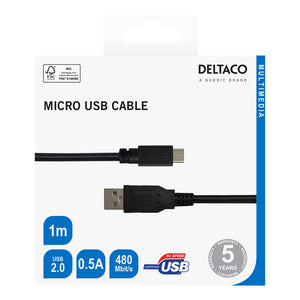 Deltaco USB A to Micro USB Cable 1 Metre - Black | USB301SR