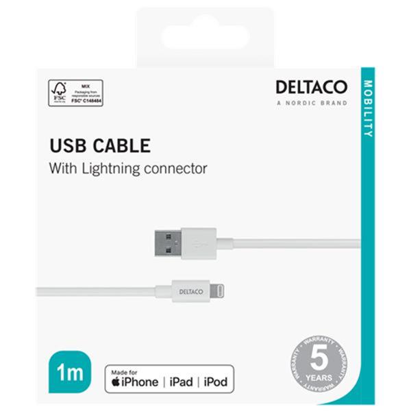 Deltaco Apple USB A to Lightning Iphone Cable 1 Metre - White | IPLH401