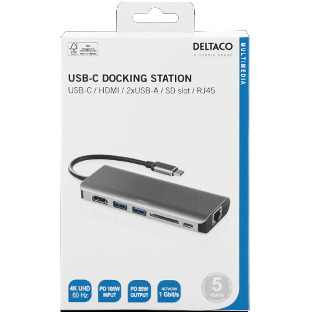 Deltaco USB C Docking Station 1x HDMI/RJ45/2x USB-A/SD | USBCHDMI24