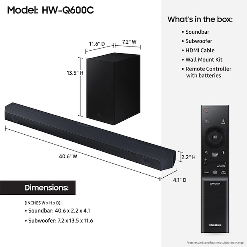 Samsung Q600C Q-Symphony 3.1.2ch Soundbar With Wireless Subwoofer - Black | HW-Q600C/XU