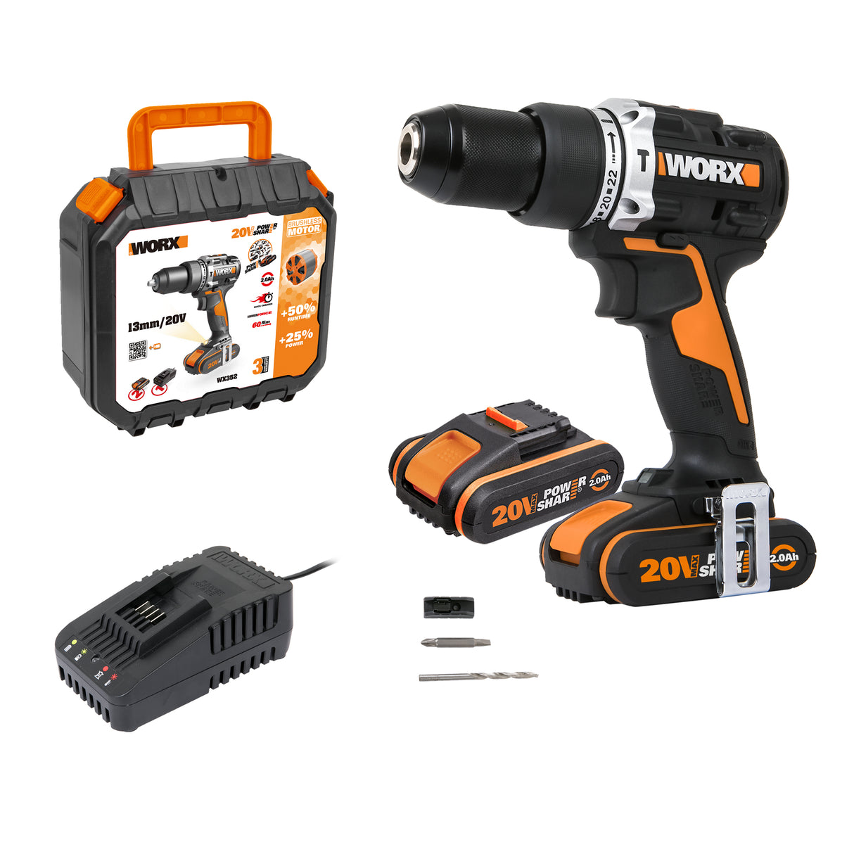 Worx Brushless Combi Hammer Drill 20v Kit 2 Batteries | WX352