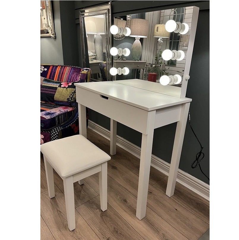 Macquillan Hollywood Set Dressing Table with Mirror, Stool and Bulbs - White | MQFN324